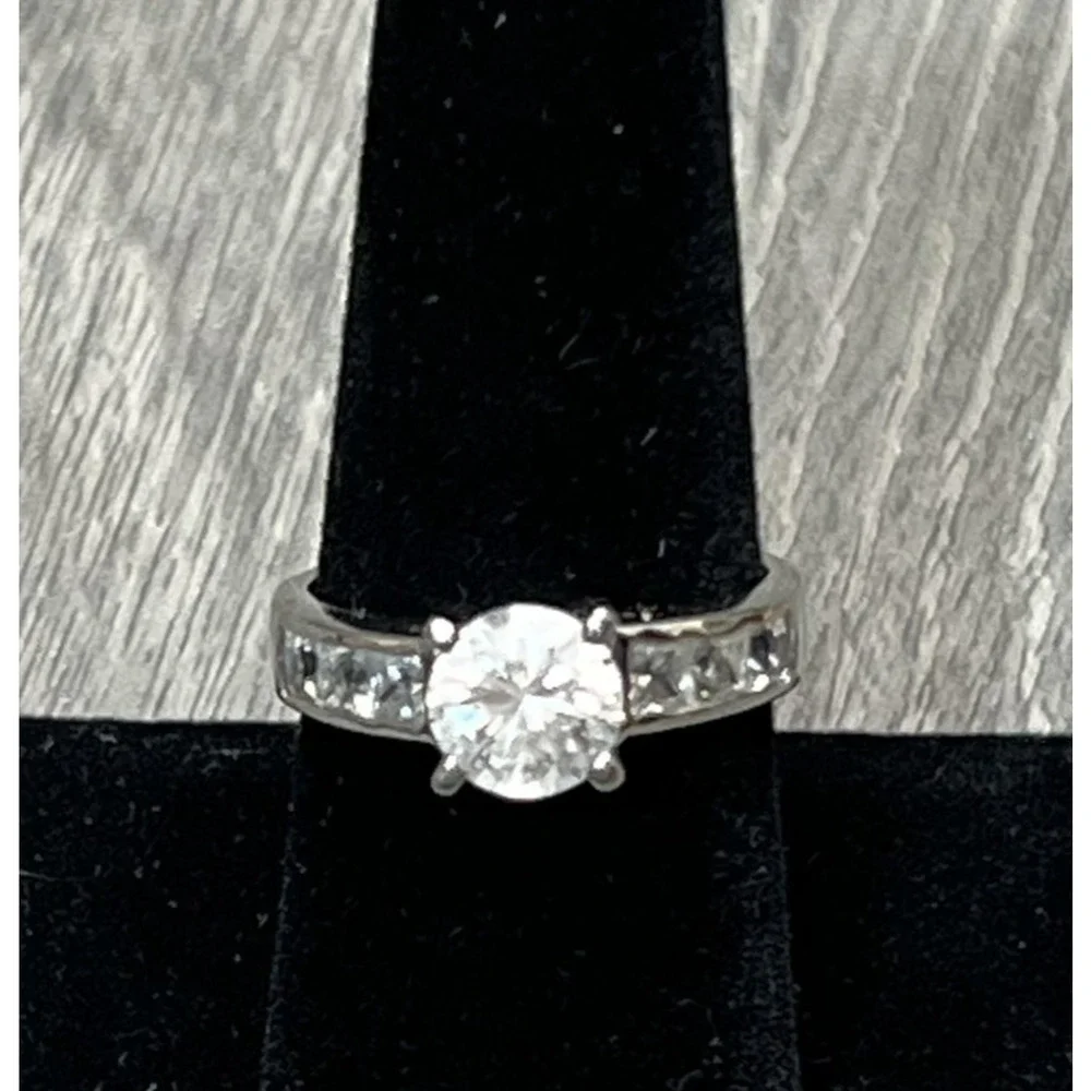 Silver Tone CZ Engagement Ring Round Solitaire Channel Set Band Womens Wedding